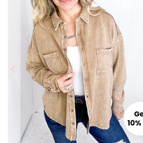 Easel Mineral Wash Distressed Tan 100% Cotton Button-Down Shaket Shirt - Picture 4 of 9